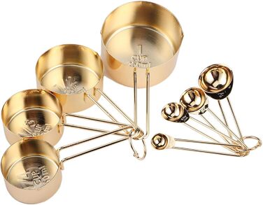 WAAZI 8-Piece Measuring Cup and Spoon Set, Stainless Steel Measuring Spoons with Buckle, Kitchen Baking Accessories for Milk-Tea Shops, Bars, Cafés, Kitchen Utensils (Color: Gold)
