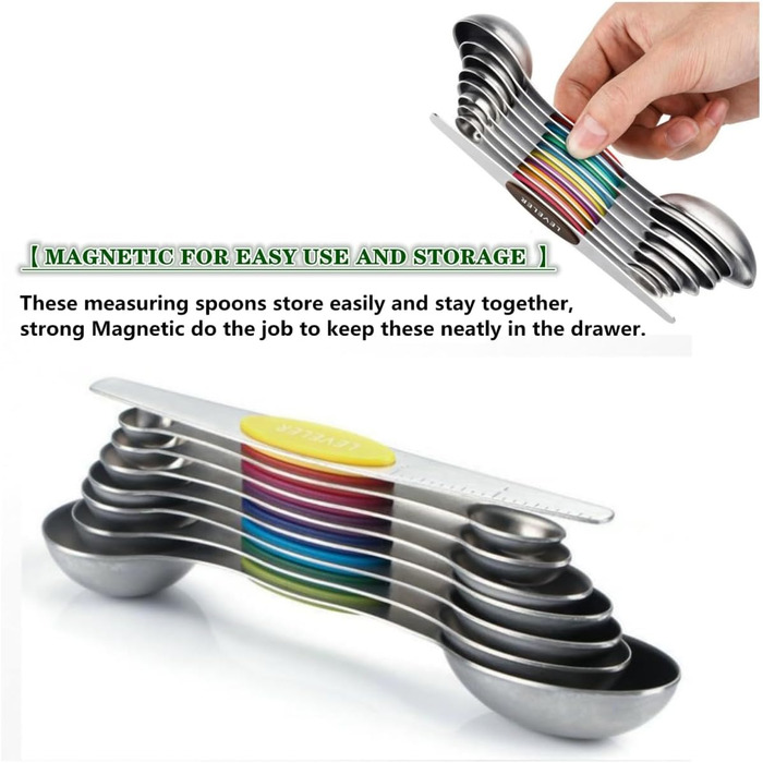 Набір мірних ложок Meiyijia з нержавіючої сталі (8 шт.) - для сухих та рідких інгредієнтів, з магнітною основою
