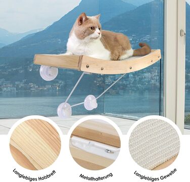 Zonema ZNM Cat Window Perches - Cat Hammock Sisal, Solid Wood Frame, Cat Bed Window with Strong Suction Cups, Cat Hanging Bed Window, Space-Saving Design, Holds up to 18KG