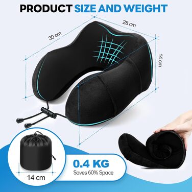 Подушка для шиї у літак - туристична подушка з memory foam, ергономічна форма - з маскою для сну, навушниками, сумкою - ідеальна для подорожей, офісу, дому (Чорний)
