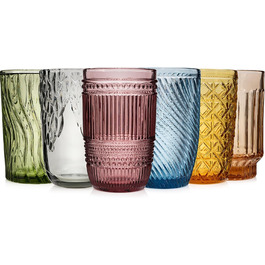 Sänger Drinking Glasses Set Faro - 6-Piece Glasses Set for 6 People made of Glass, Water Glasses, Multi-Colored, Unique Cut Design, Suitable for Everyday Use, Family Meals, Office, Outdoor Juice Glasses Set | 330 ml