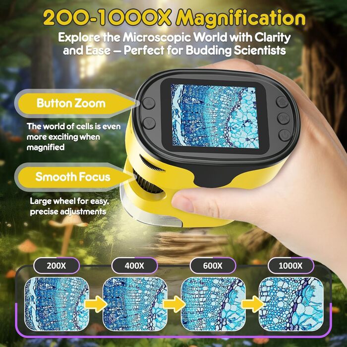 Дитячий цифровий мікроскоп 1000X з 4K екраном: перезарядний, портативний, USB, для науки та дослідження, комплект з предметними скельцями, ідеальний подарунок для дітей 4-12 років (зелений/жовтий)
