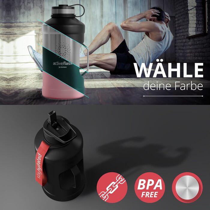 Спортивна пляшка з нержавіючої сталі ACTIVE FLASK 2,2 л із соломинкою, 3 кришки, BPA-free, герметична, для газованої води, чорна, для спорту, фітнесу та активного відпочинку