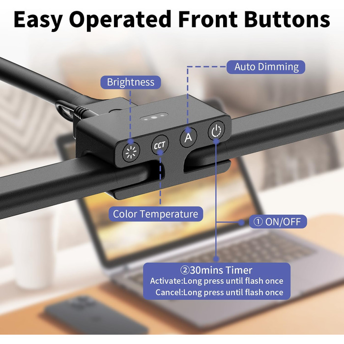 LED настільна лампа EppieBasic 24W з диммуванням, 80 см, кріпленням, захистом очей, регульованим шийним механізмом, таймером, чорного кольору