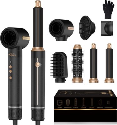 Atopskins 7-в-1 Airstyler: професійний набір для укладки волосся, 110000 об/хв, 1400 Вт. Фен-щітка, локон, випрямляч, іонізація. Для об'єму, сушіння та укладки. Чорний та золотий колір.