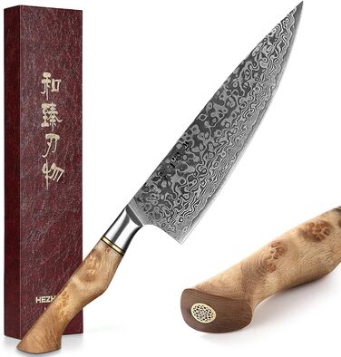 HEZHEN Професійний ніж кухарський 21 см Дамаск, VG10, серія Gyuto Master, кухонний ніж з ручкою з берези для дому та ресторану