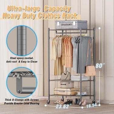Double Clothes Rack/Garment Rod with Adjustable Shelves, Heavy-Duty Clothes Rack with 2 Hooks, Clothes Rack with Wheels, 90 * 42 * 205cm, White (Gray, 60*42*205cm)