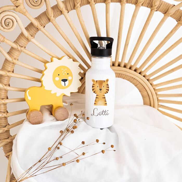 Дитяча термопляшка з нержавіючої сталі з іменем Wunderwunsch® - 500 мл, з трубочкою, персоналізований подарунок для дитини (Тигр)