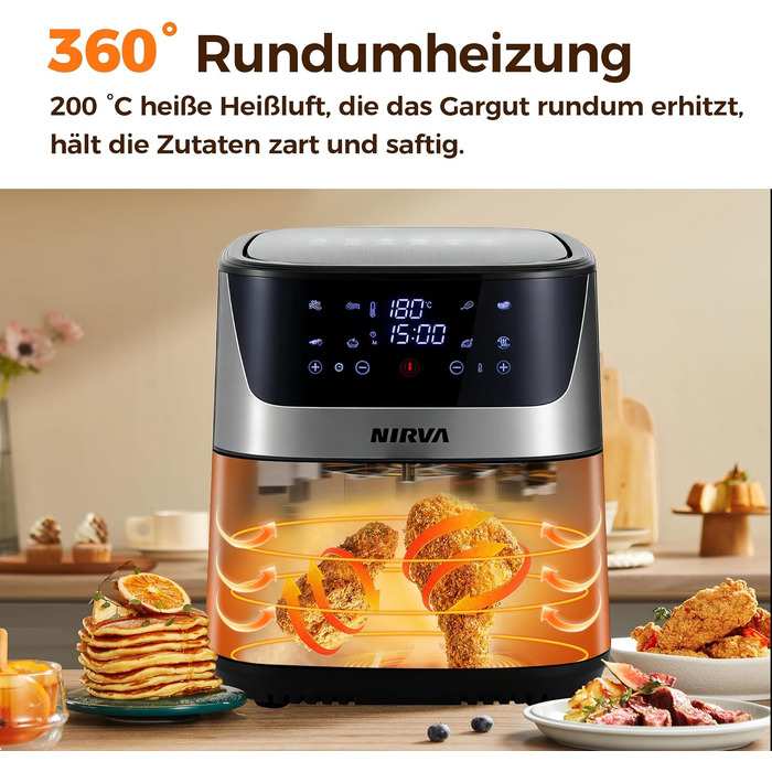 Аерофритюрниця Nirva 8.5л без олії, 1700W: смаження, запікання, антипригарне покриття, чорний/нержавіюча сталь