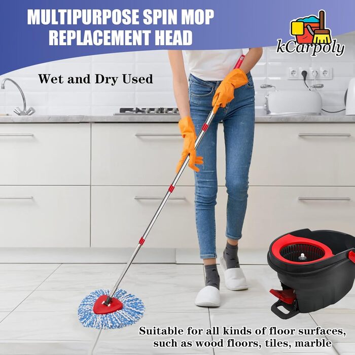 EasyWring Replacement Mop Head Refill for 1 Bucket System, Spin Mop Replacement Heads, compatible with Triangle Spin Mop – Microfiber Mop Easy Clean Floor Head Mop with 1 Spin Mop Base (blue)