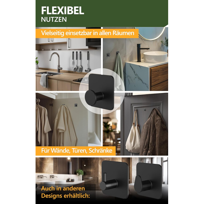 Набір тримачів для рушників 4smile (6 шт.) без свердління, з нержавіючої сталі, чорний. Самоклеючі гачки для ванної кімнати, висока вантажопідйомність.