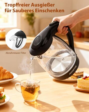 Електричний чайник Aigostar Adam, 1.7 л, 2200 Вт, LED, скло, без BPA, з фільтром від накипу, чорний