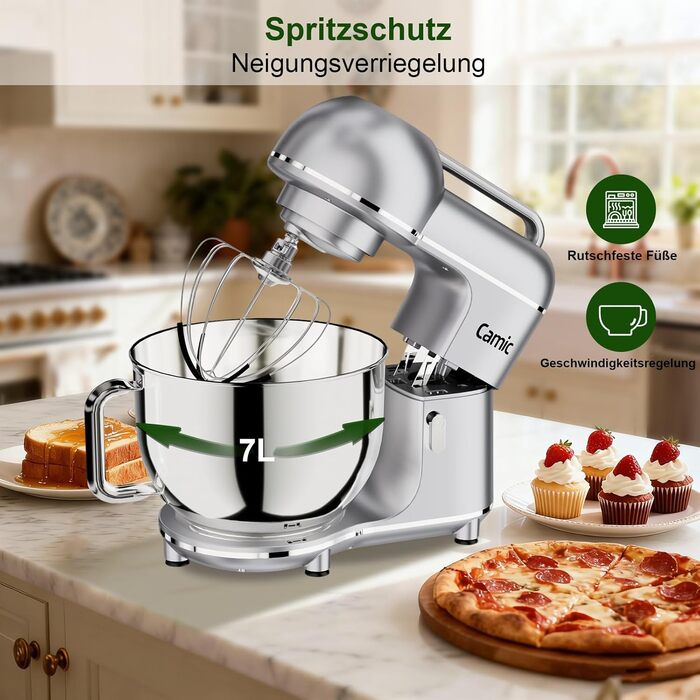 Кухонна машина Camic 2000W: планетарний міксер з чашею з нержавіючої сталі 7л, 10 швидкостями, набором насадок та захистом від бризок, сріблястий