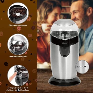 Електрична кавомолка Bomann KSW 445 CB inox Silber | З нержавіючої сталі, 120 Вт, 40 г, аромашлуз