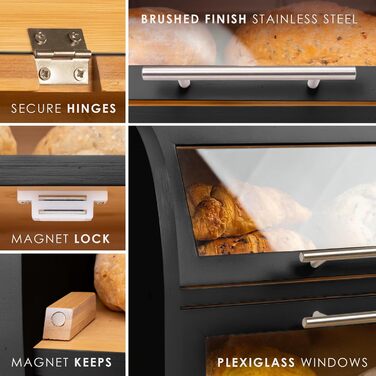 Бак для хліба Arise з вентиляцією, великий контейнер для зберігання хліба, 2 полиці та вікно, дерев'яний контейнер для хліба, булочок, хлібосховище. 40 x 26 x 37, бамбук чорного кольору, самостійна збірка