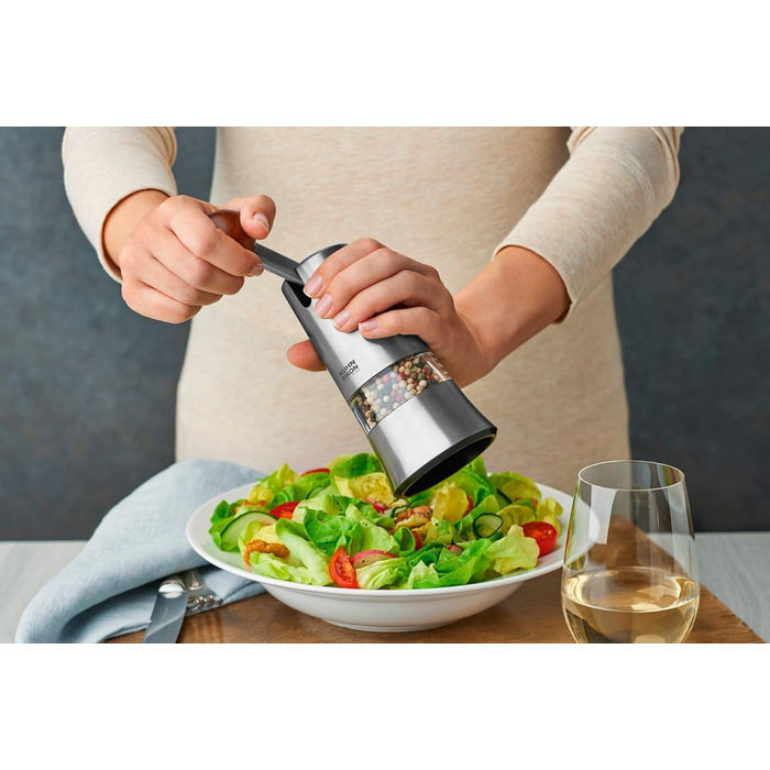 KUHN RIKON Salt and Pepper Mill made of Stainless Steel, Ratchet Spice Mill Manual, Silver, Adjustable Ceramic Grinder, Ergonomic Handle