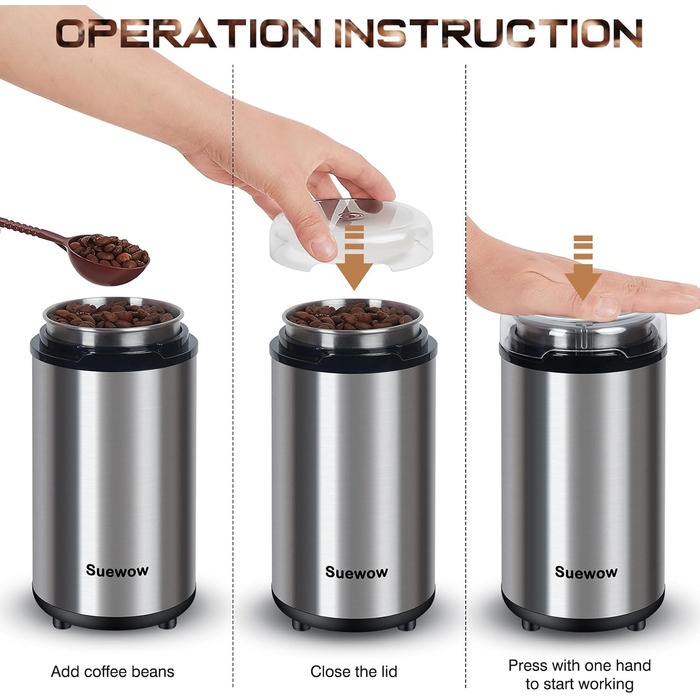 Електрична кавомолка Suewow: потужний 200W мотор, для кави, спецій, горіхів. Багатофункціональна, велика ємність (срібна)