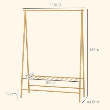 HOMCOM Bamboo Wardrobe Rack, Clothes Rack with Shelves and Hooks, Clothes Rail, for Entrance Hall, Living Room, Bedroom, 116 x 43.5 x 160 cm, Natural Wood | Aosom