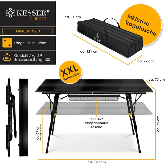 Стіл для кемпінгу KESSER® розкладний, з алюмінієвим каркасом, регулювання висоти, 120x70 см, до 100 кг, з сумкою та кишенькою, чорний
