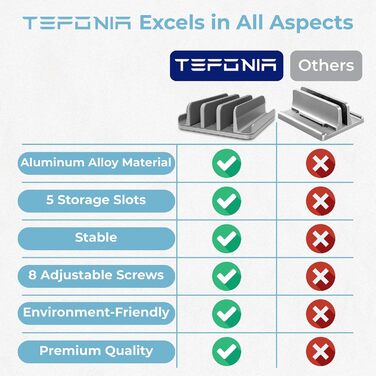 TEFONIA 5-Slot Aluminum Laptop Stand Holder - Adjustable Desk Organizer for MacBook, Surface, Galaxy, iPad, Tablet, iPhone