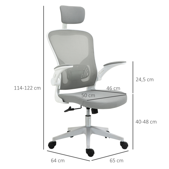 Vinsetto Office Chair Ergonomic Desk Chair with Headrest and Tilt Function, Height Adjustable in Grey, 65 x 64 x 114-122 cm