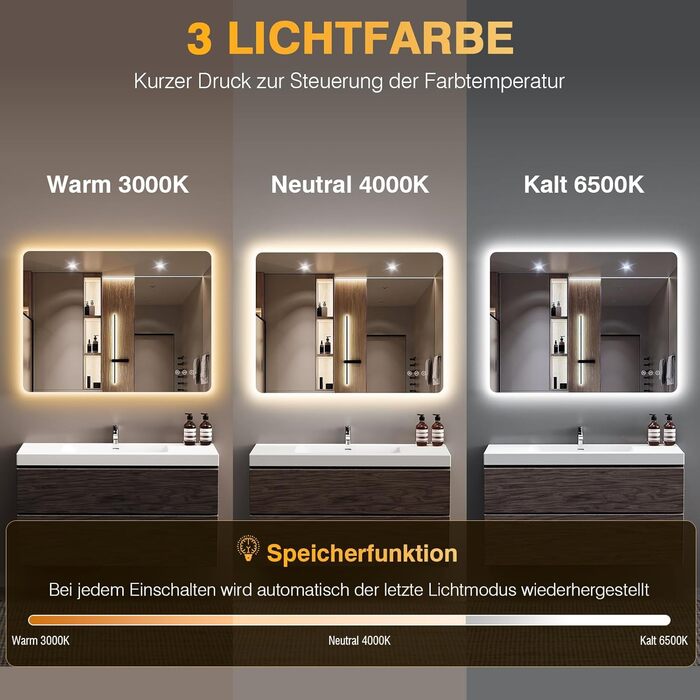Дзеркало для ванної кімнати з підсвічуванням LED, 100x60 см, 3 кольори світла, регулювання яскравості, пам'ять, сенсорне управління, IP44, захист від вологи