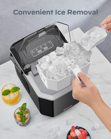 Машина для приготування льоду Silonn з кошиком – портативна та самоочисна, Mini Ice Maker, 9 кубиків/6 хв, 12 кг/день, зручне виймання та використання (Чорний, 1.2 л)