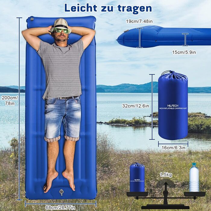 MILFECH Килимок для кемпінгу самонадувний, 14 см, з інтегрованими подушками та насосом для ніг, ультралегкий, водонепроникний, для відпочинку на природі, зелений (блакитний)