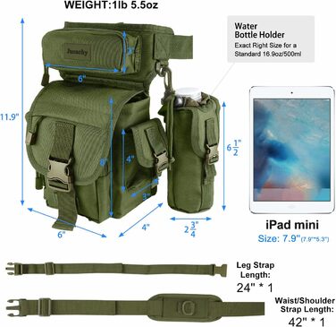 Тактична нагрудна сумка на ногу Jueachy, водонепроникна, для риболовлі, туризму, військових, з кишенею для пляшки (зелена)