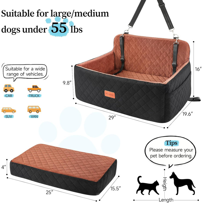 Автокрісло для собак середніх та великих порід, підйомник для собак, автоліжко для собак на заднє сидіння з 2 страхувальними ременями, чорно-коричневе