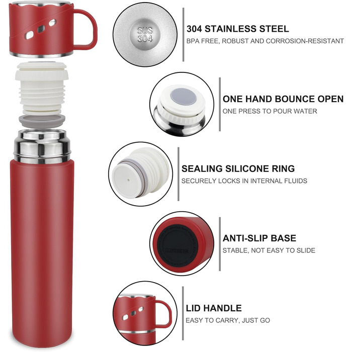 Термокухоль-термос із нержавіючої сталі 550 мл з кришкою-чашкою та ручкою, вакуумний термос 12 годин гарячим / 12 годин холодним, нековзний термос для кави в дорогу для спорту, роботи, школи, авто (червоний)