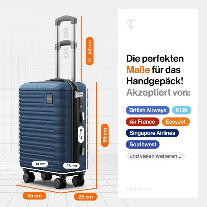 Чемодан Trevey з полікарбонату, 67 см, об'єм 60 л: міцний, з TSA-замком, для подорожей, ручна поклажа (55x35x25 см)