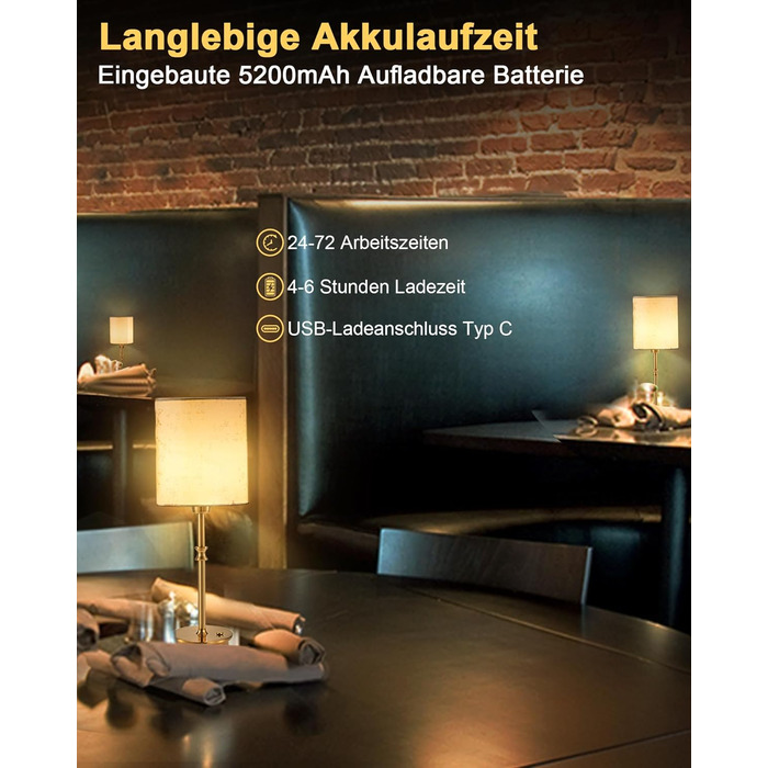 OCEST Настільна лампа на акумуляторі, сенсорне керування, регульована яскравість, для дому, кухні, тераси, їдальні (античне латунь-льон), плафон з шовку 41,5 см