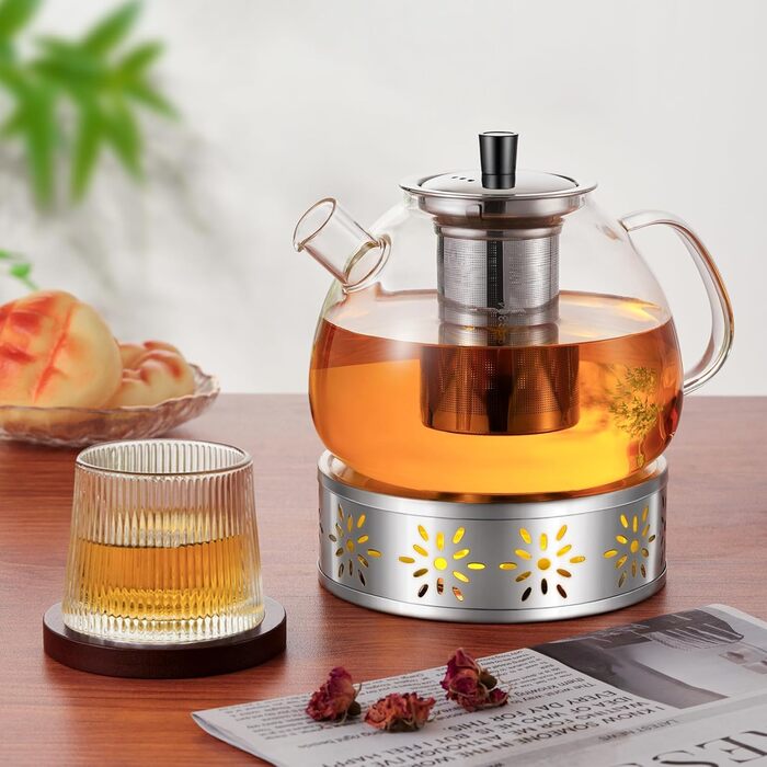 Скляна чайник HEMOLY 1,5 л з ситечком та підставкою для чаю