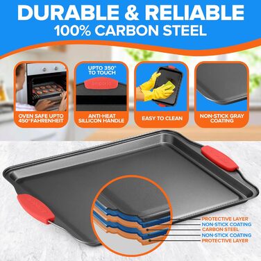 Набір форм для випічки Emporio Kitchen – антипригарне покриття, набір форм для випічки з вуглецевої сталі з силіконовими ручками, без PFOA, PFOS, PTFE, рецептурник в комплекті, деко для випічки (чорний, набір з 8 штук)