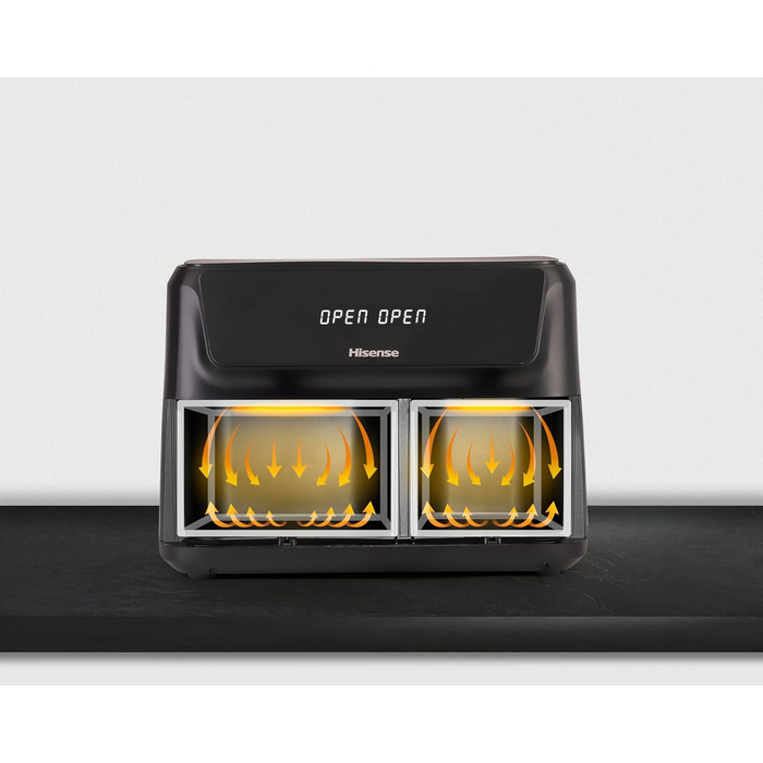 Фритюрниця повітряна Hisense HAF2700DCD, 2700 Вт, 11 л, 8 програм, антипригарне покриття, дисплей, енергоефективна, SyncServe, чорний, подвійний кошик