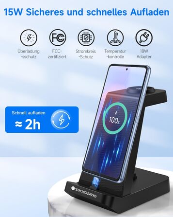 Seacosmo Зарядна станція 3-в-1, 18W для Samsung Galaxy Buds, A55/A54/A35/A34/A16/A15/A14/A06, Galaxy Watch 8/7/6/5/4/3/2/Pro/Classic/Active - Бездротовий зарядний пристрій, чорний