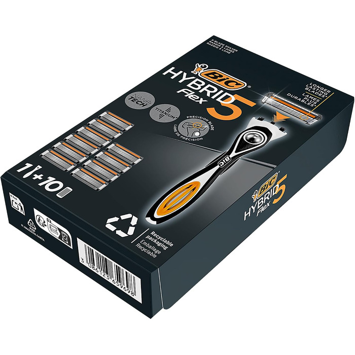 Чоловіча бритва BIC Hybrid 5 Flex, набір з 10 змінних касет по 5 лез, з алое вера та вітаміном E, з тримером для точного гоління
