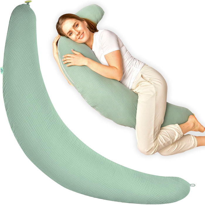 sei Design XXL Pregnancy Pillow Microbeads 190x30 - Pregnancy Pillow Side Sleeper Pillow Baby Comfort Pillow Adult - Ergonomic with Cotton Muslin Natural Cover