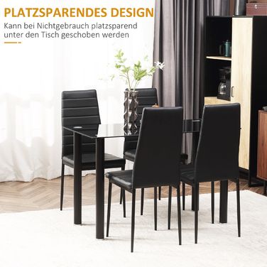 HOMCOM 5-piece dining set: dining table with 4 chairs, tempered glass top, black steel, for dining room & kitchen