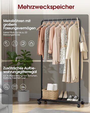 Металевий вішак для одягу на колесах, чорний, середній