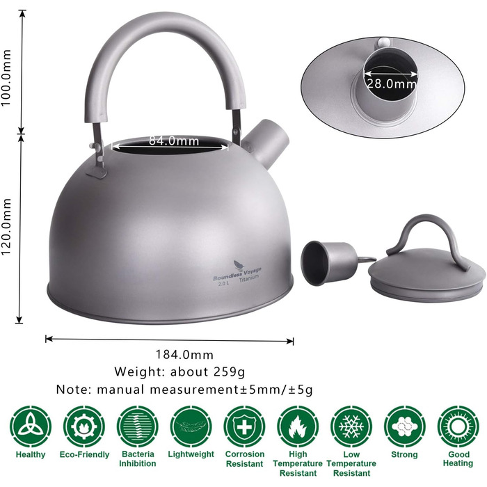 Чайник для плити iBasingo Titan 2L з свистком, легкий, велика ємність, для кемпінгу, кухні, дому. Ti3097D