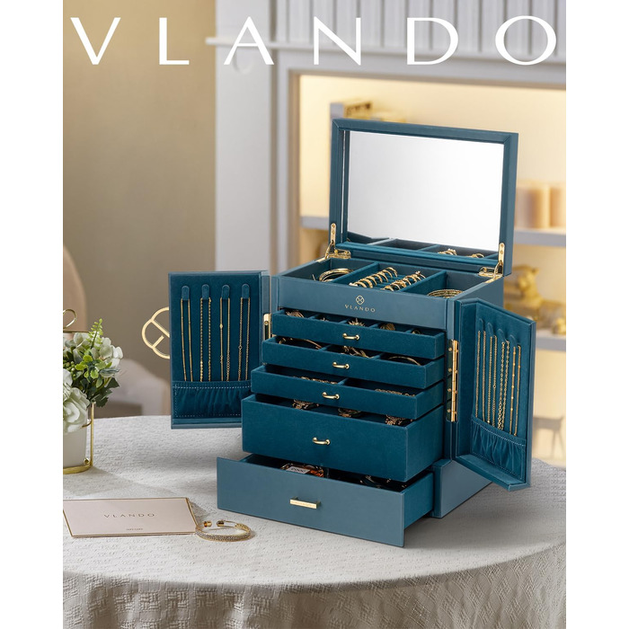 Скринька для прикрас Vlando, велика, вінтаж, 6 ярусів, з дзеркалом, зелена