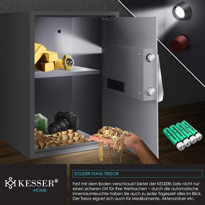 Електронний сейф KESSER® настінний, 31x20x20 см, з подвійним замком, LED підсвіткою, сталевий (срібний, XL)