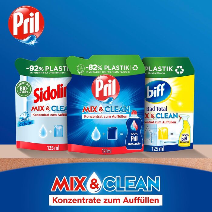 Концентрат для наповнення засобу для миття посуду PRIL Mix & Clean, висока розчинна здатність жиру, для холодної води, свіжий аромат, 9 x 120 мл
