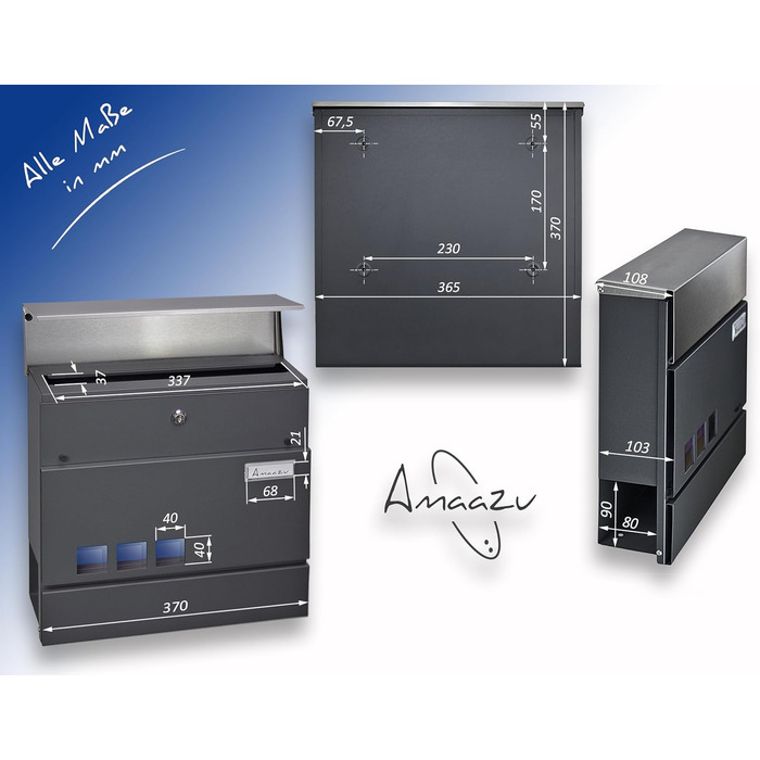 Поштовий ящик антрацит з нержавіючої сталі, з вікном та табличкою для імені, відділення для газет, замок з 2 ключами, настінний поштовий ящик RAL 7016, великий розмір