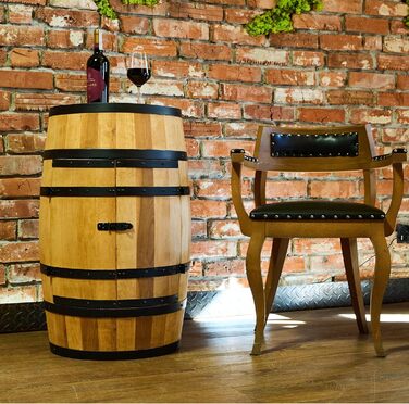 Wine Barrel Stand with Door - Alcohol Cabinet, Bottle Shelf, Wooden Shelves - Wine Barrel - Barrel Furniture - Wine Rack - Wine Rack - Wine Bar - Barrel Bar with Door - Barrel Bar Minibar 80cm High (Oak)