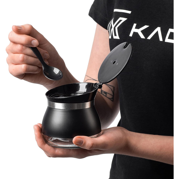 Цукорниця KADAX з ложкою, 270 мл, контейнер для цукру з порошковим покриттям, 9x9 см, цукророзсипник у 2 кольорах, дозатор для спецій з кришкою для чаю, цукру (Чорний)