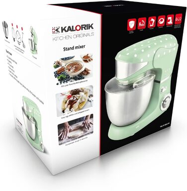 Kalorik TKG M 3014 MI Design Kitchen Machine with 5 Liter Stainless Steel Bowl, Die-Cast Mixing and Dough Hooks, 6 Speed Settings, Stainless Steel Whisk, Powerful 1000 Watt, Mint