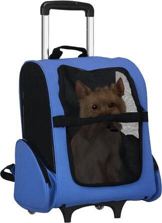 PawHut Рюкзак-переноска для собак і котів 2-в-1 з кишенями, телескопічною ручкою та колесами, 42 x 25 x 25 x 55 см, блакитний